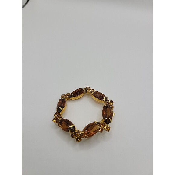 Vintage Brooch Pin Round Gold Tone Brown Yellow Crystals Jewelry Costume - Picture 7 of 13